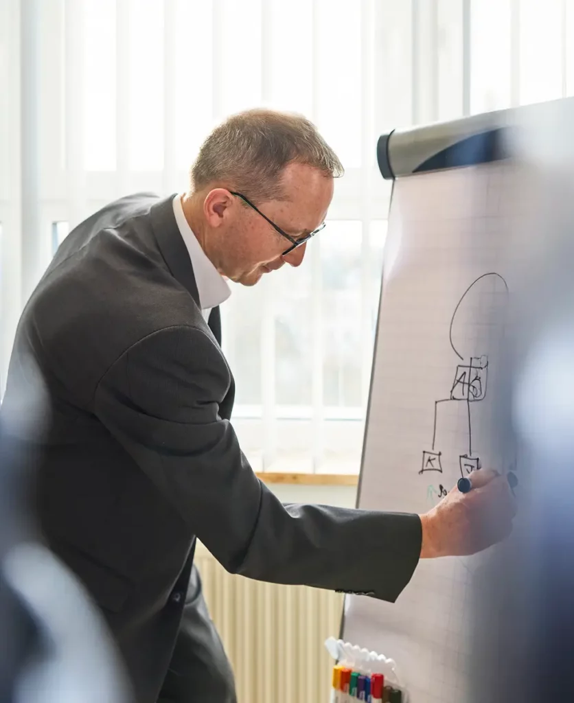 Jochen Jahn beim Visualisieren eines Schemas auf einem Flipchart, Vordergrund unscharf, Hintergrund mit einfallendem Tageslicht